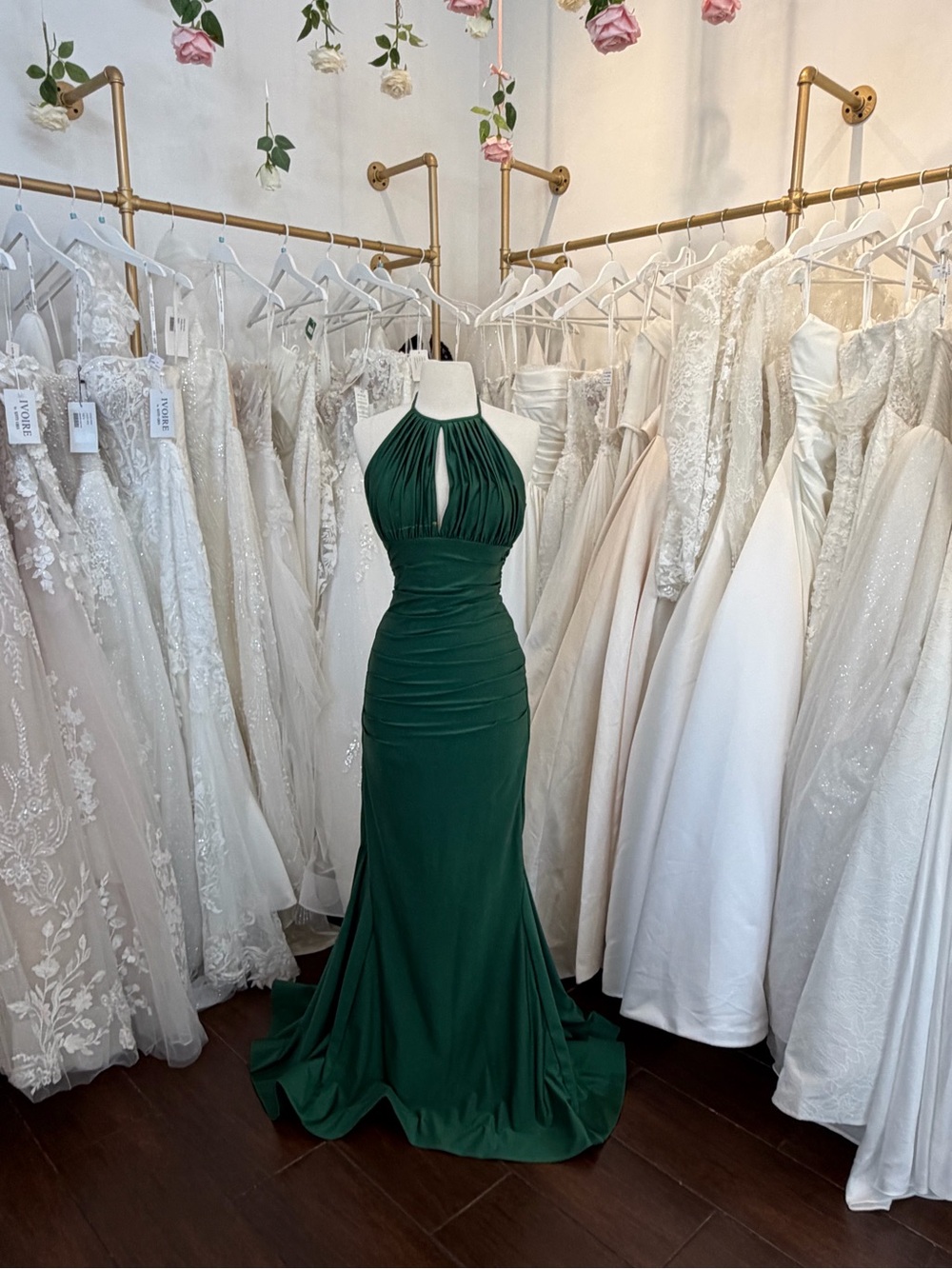 Bari Jay Deep Green Halter Prom Gown